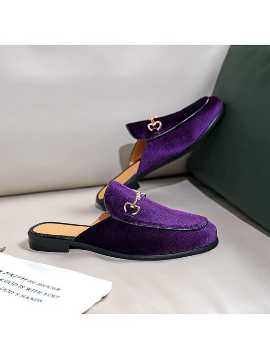 Men\'s Purple Rubber Sole Velvet Leather Gold Buckle Slip On Penny Loafer Slipper main image 6